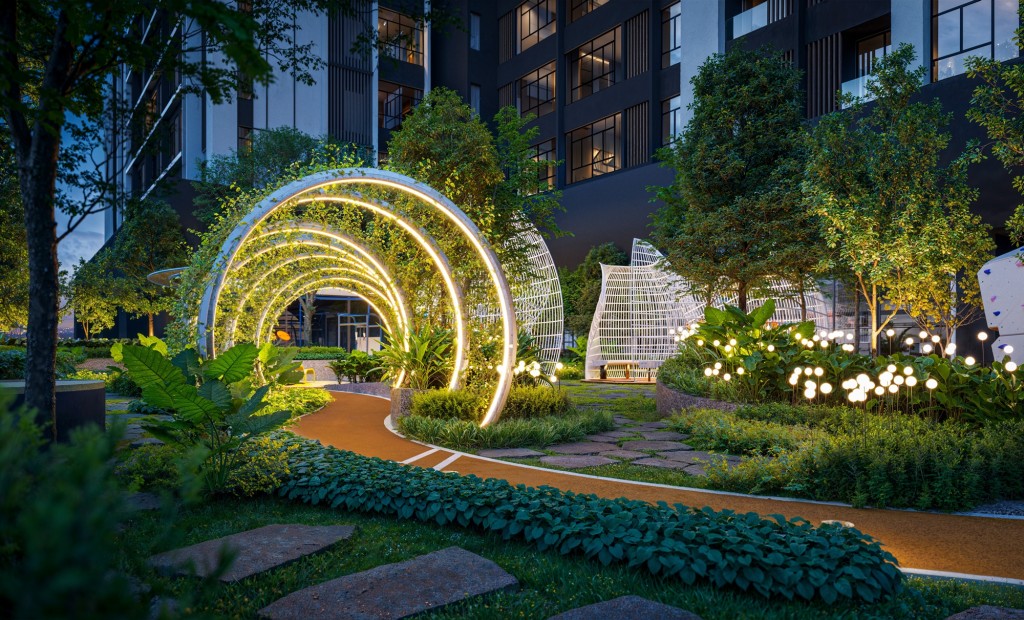 A scenic jogging path surrounded by greenery and softly lit arches, inviting quiet walks, morning runs, and moments of calm.