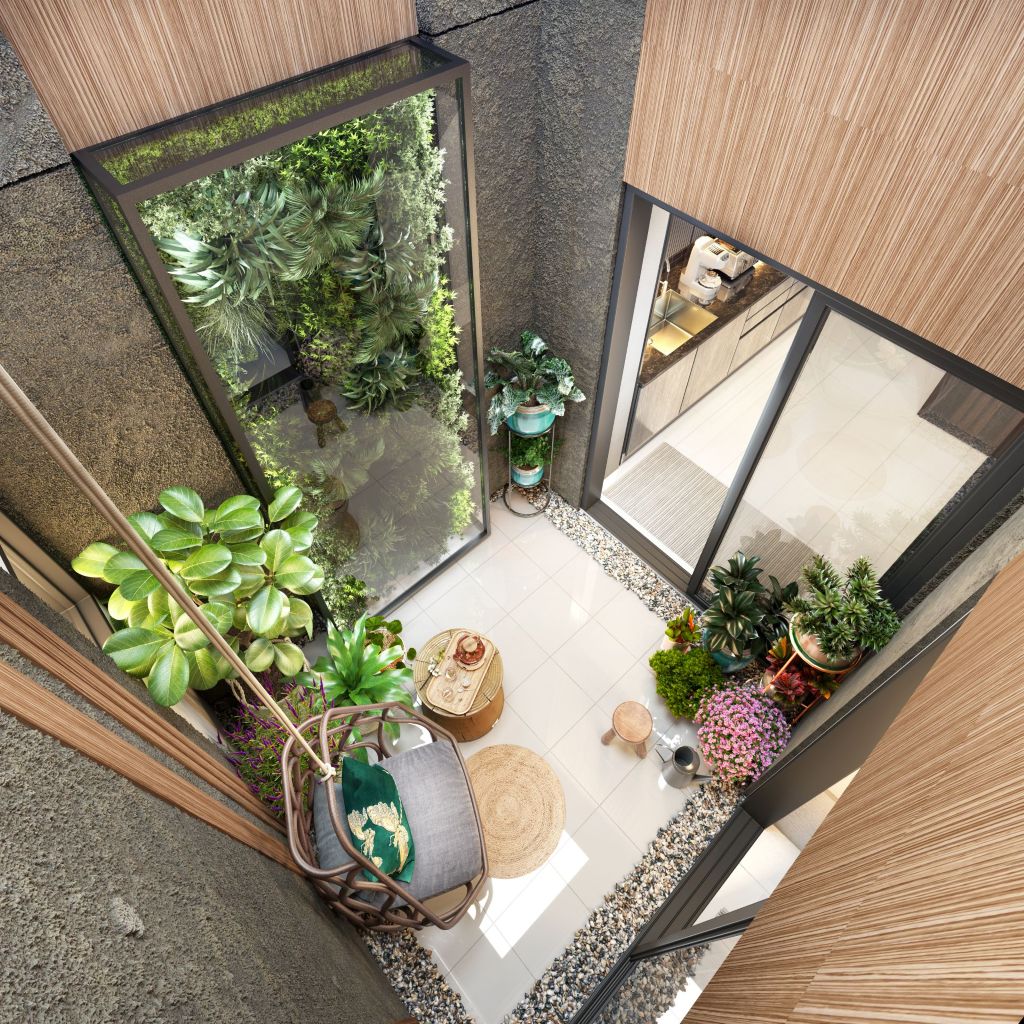 A simulation of the courtyard which can be transformed into a personal retreat or garden space.