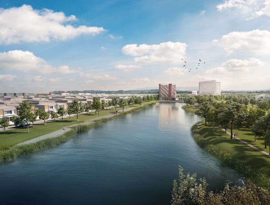 An artist’s impression of VBP's masterplan, featuring lake-side greenery and jogging paths, promoting wellness for its workforce.