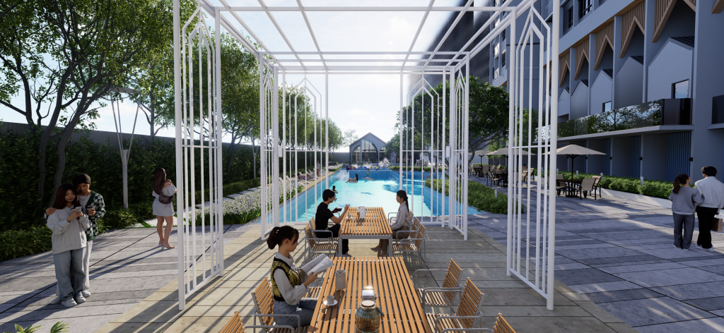  Bask in comfort and elegance — the Pool Pavilion offers a stylish retreat beside the sparkling waters of KSL Blossom Square. 