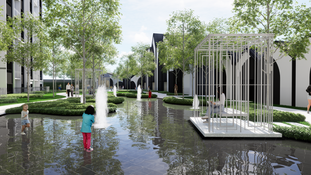 A tranquil water feature designed to soothe the senses — The Creek brings nature’s rhythm into the heart of the community. 